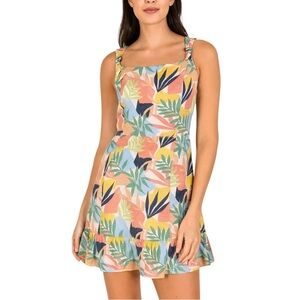 Sadie & Sage Size M Tropical Leaf Print Sundress Linen Blend Ruffle Hem Colorful